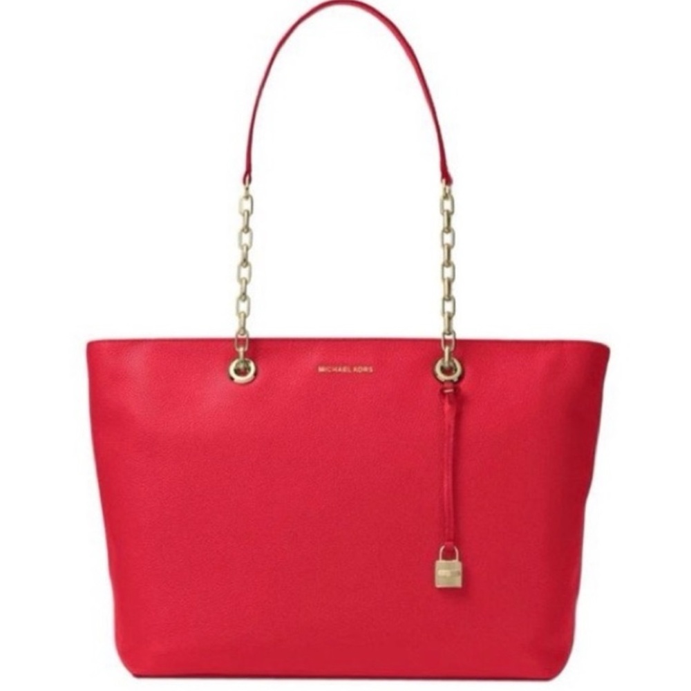 Michael Kors MERCER Bright Red Chain Leather Women’s Tote Bag✨